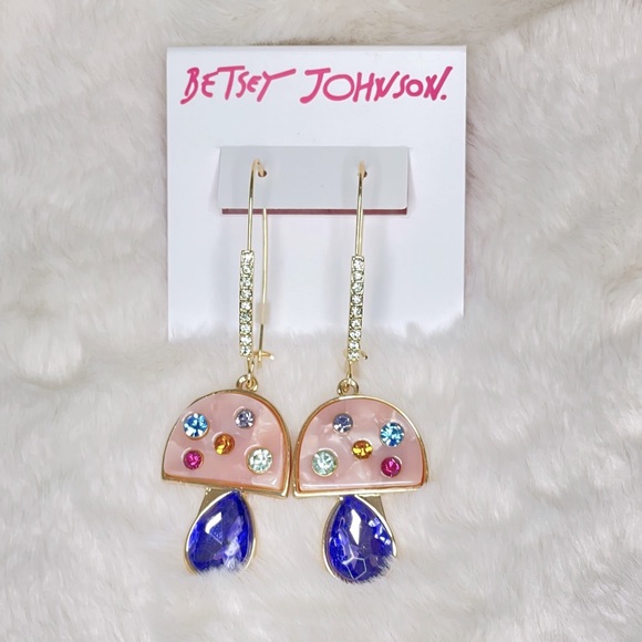 Betsey Johnson Jewelry - NEW Betsey Johnson Mushroom Earrings Pink Enamel Blue Crystal Dangle Gold Tone‎